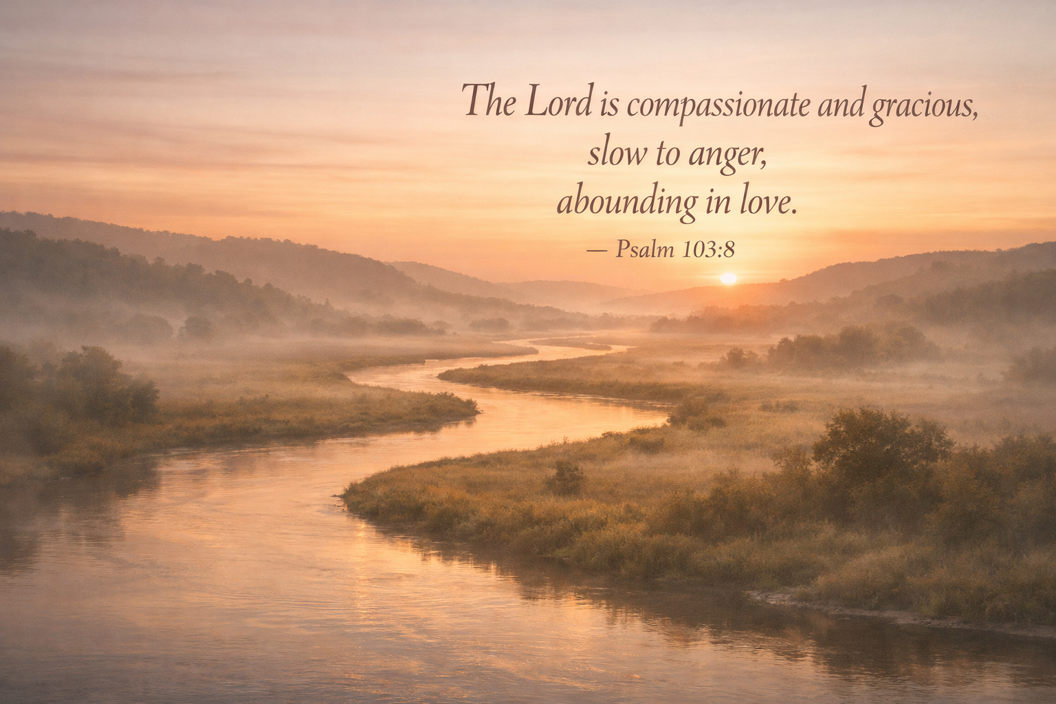 Bible verse wallpaper Psalm 103:8 with a slow river meandering through misty valley at dawn